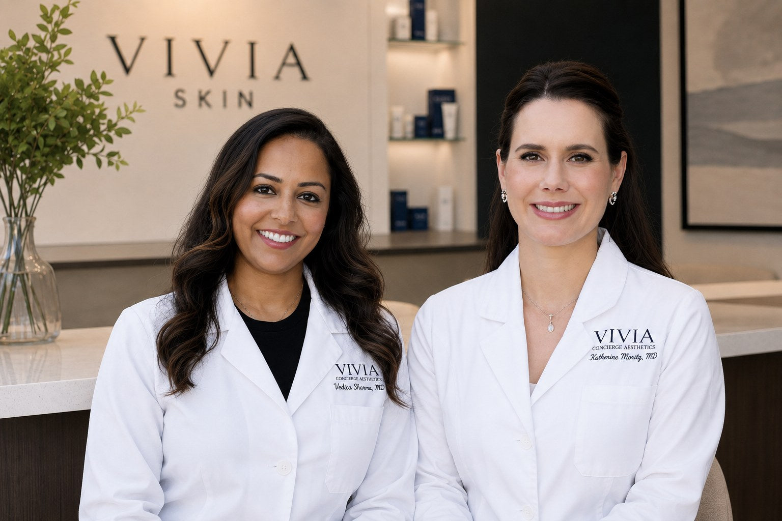 Dr. Vedica Sharma and Dr. Katherine Moritz in white coats at the VIVIASKIN studio
